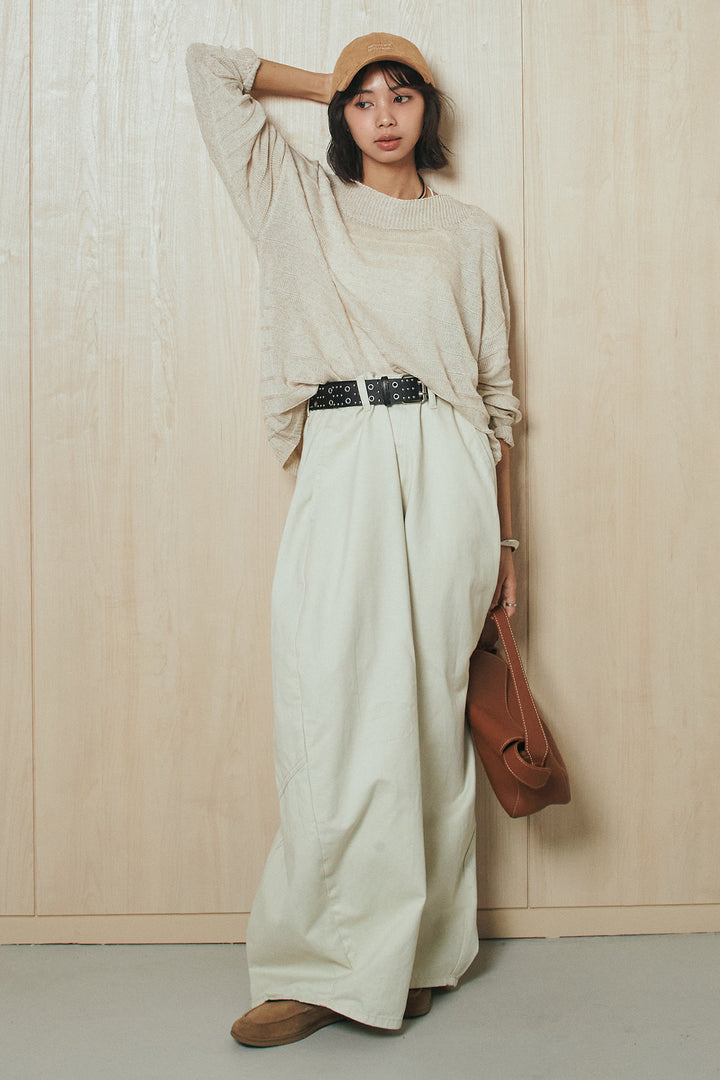 [SET]麻混リラックスニットトップス+ベルト付きカラーデニムパンツ(2set)