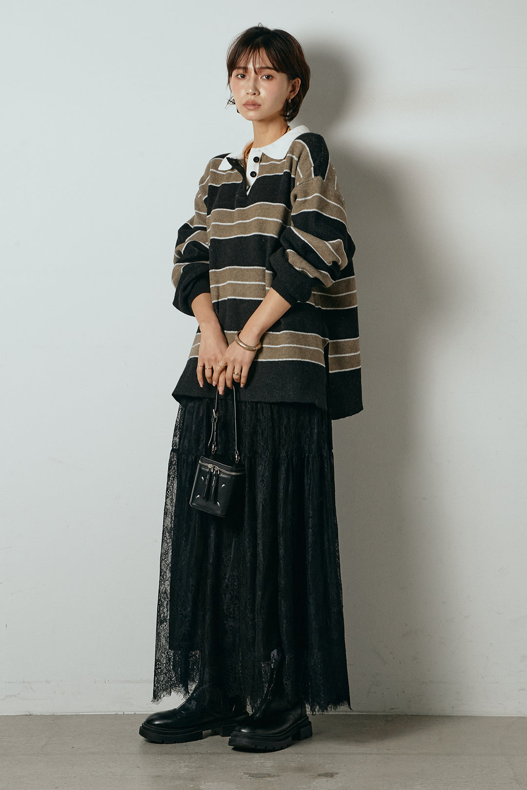 [SET]ラガーニットボーダーポロプルオーバー+ひげレース切替ロング丈スカート(2set)