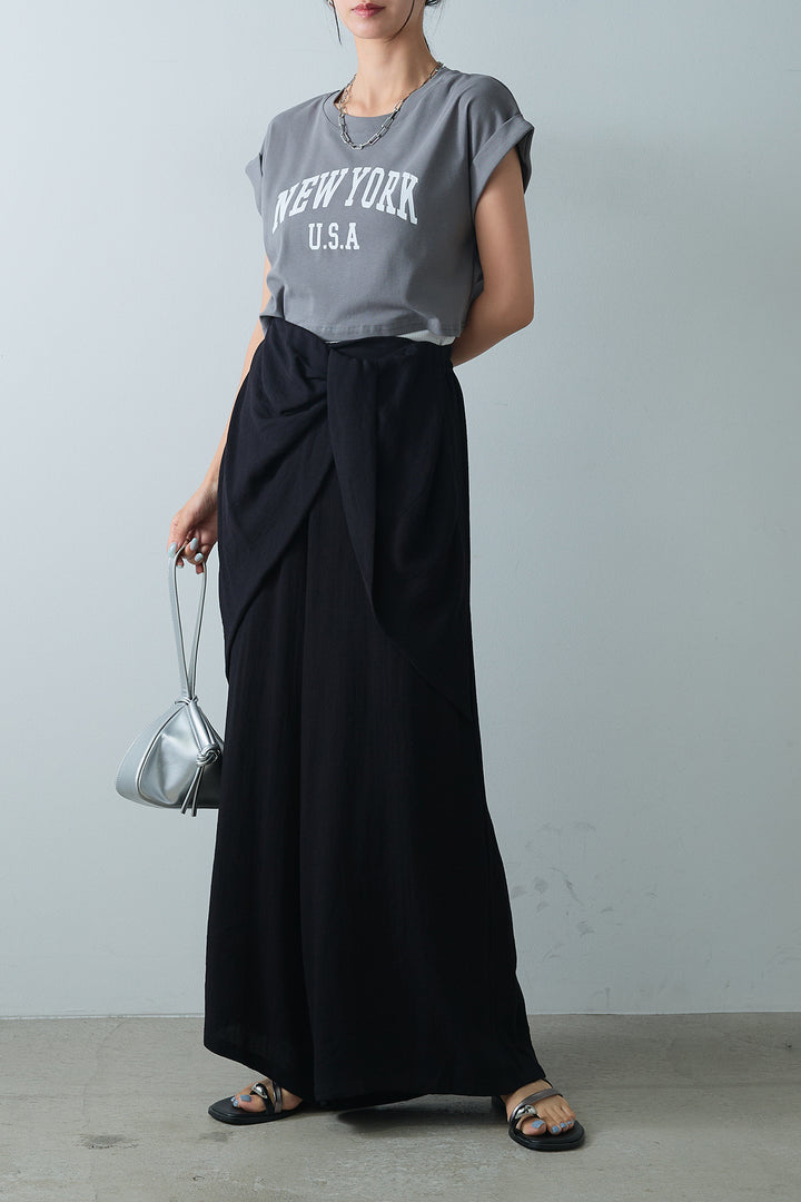 [SET]ショート丈NEWYORKロゴTシャツ+ねじりデザインワイドパンツ(2set)