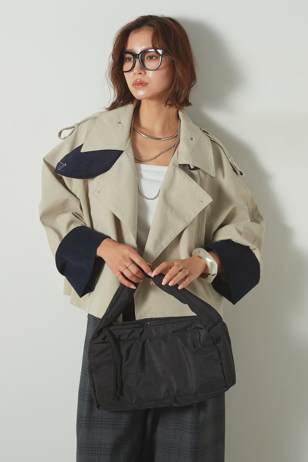 [SET]ハイネック配色ジャケット+フェイクレザーベルト付きタータンチェックパンツ(2set)