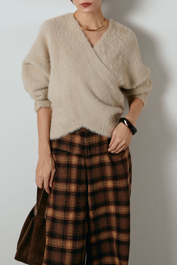 [SET]シャギーカシュクールニットトップス+ルーズタータンチェックワイドパンツ(2set)