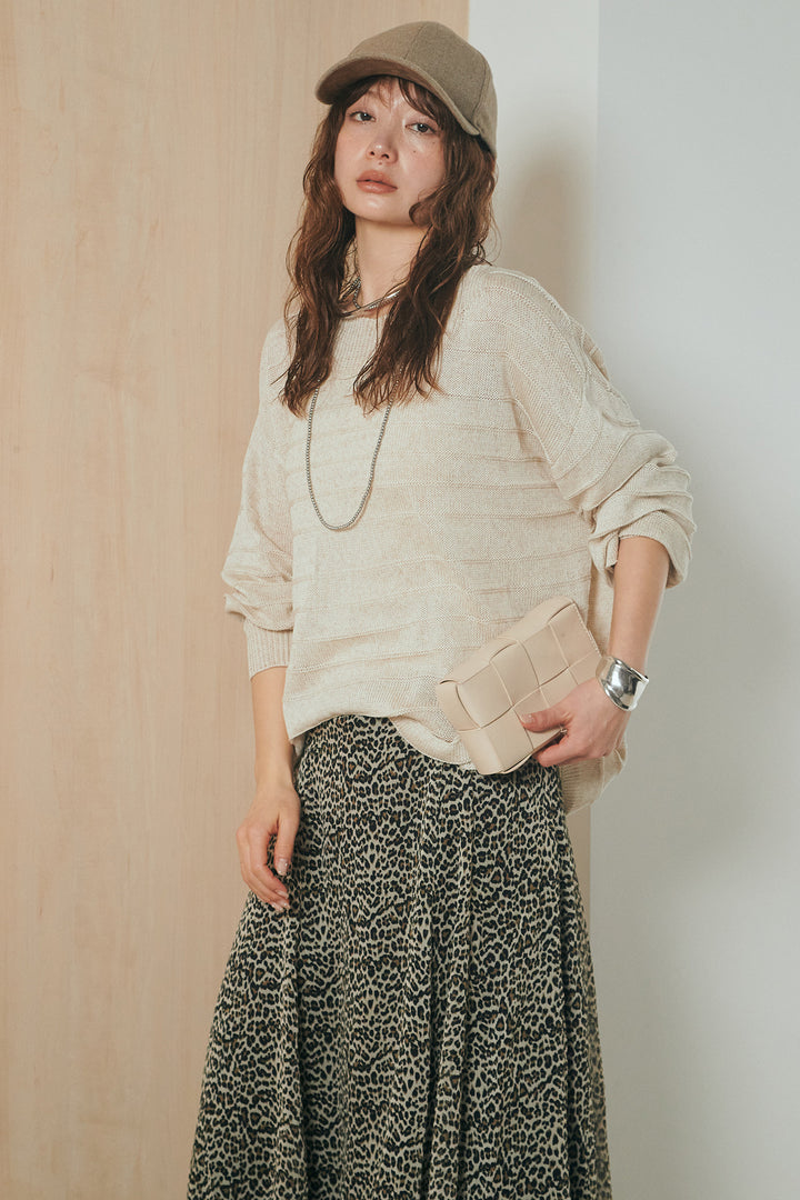 [SET]麻混リラックスニットトップス+リラックスレオパードロングスカート(2set)