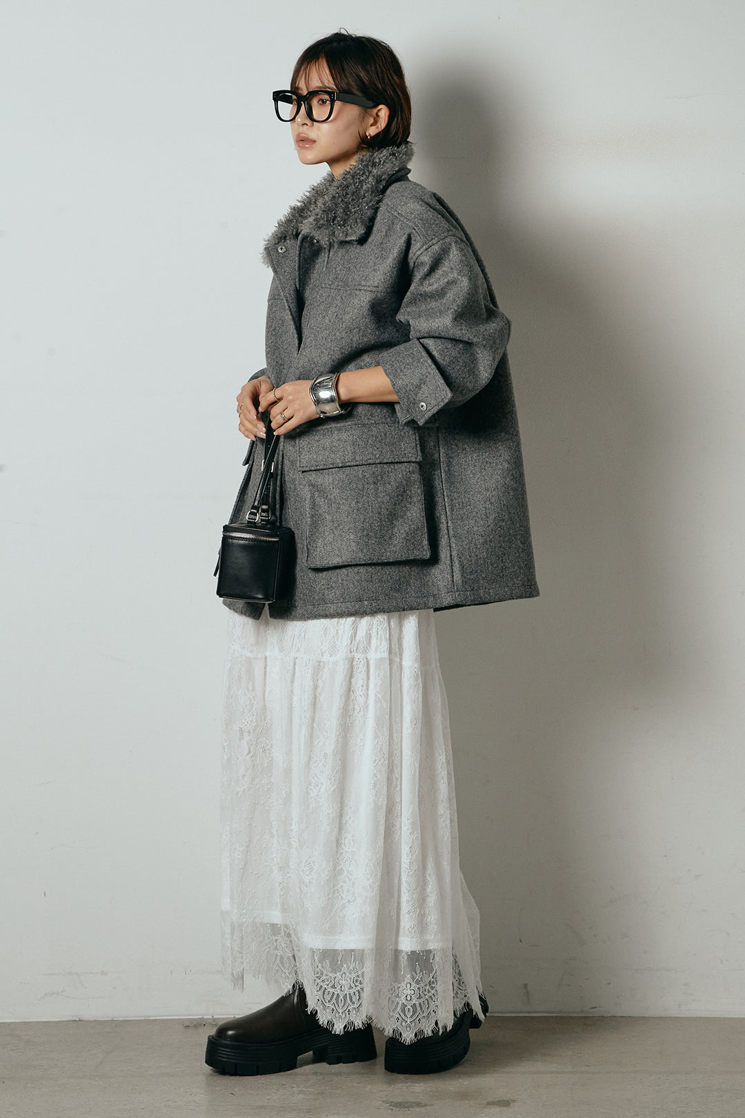 [SET]エコウール衿ファー薄中綿入りミドルカバーオール+ひげレース切替ロング丈スカート(2set)