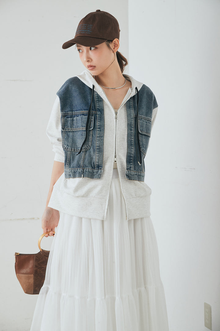 [SET]デニム切替ポンチダブルジップパーカー+ボリュームシルエットチュールスカート(2set)