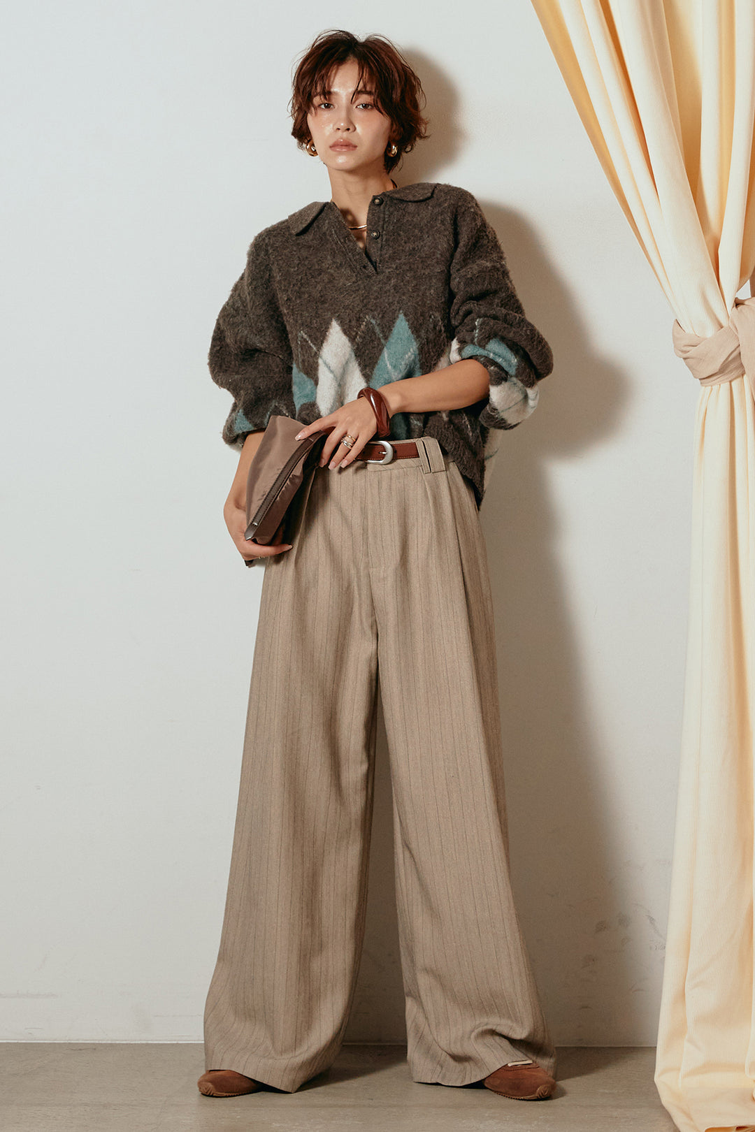 [SET]アーガイル柄ポロニットトップス+ストライプヘリンボーンパンツ(2set)