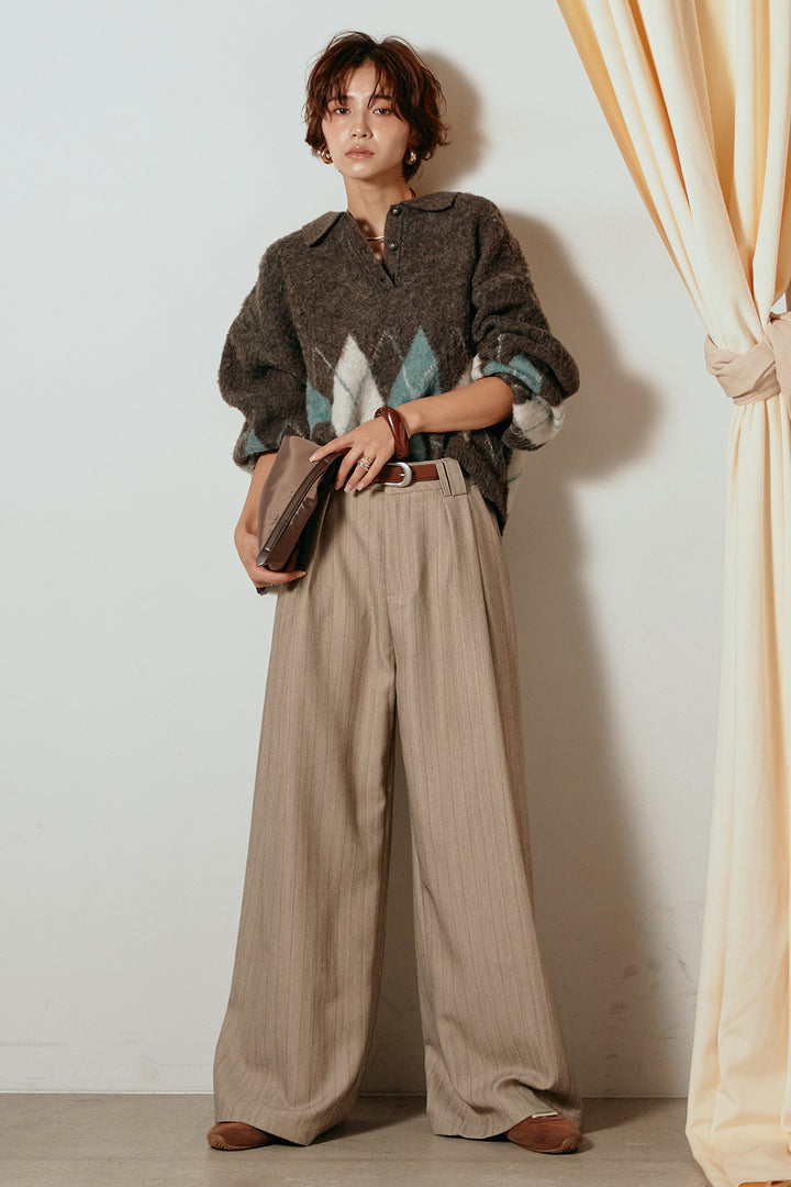 [SET]アーガイル柄ポロニットトップス+ストライプヘリンボーンパンツ(2set)