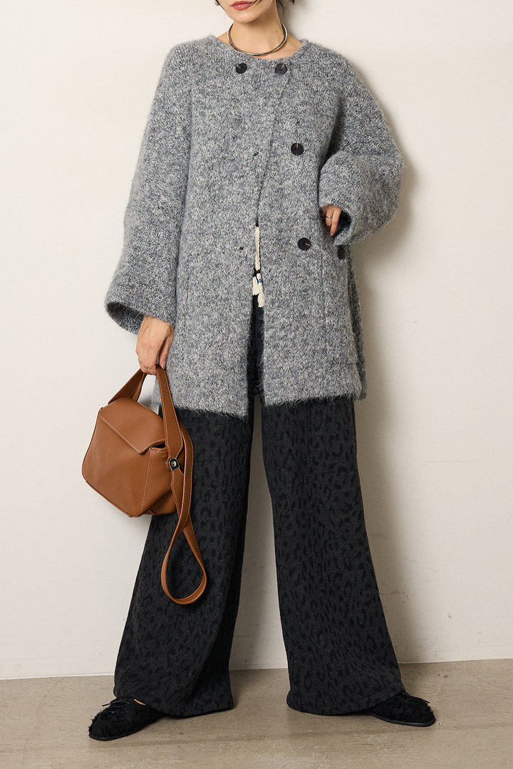 [SET]アシンメトリーボタンニットカーディガン+レオパードジャガードニットパンツ(2set)