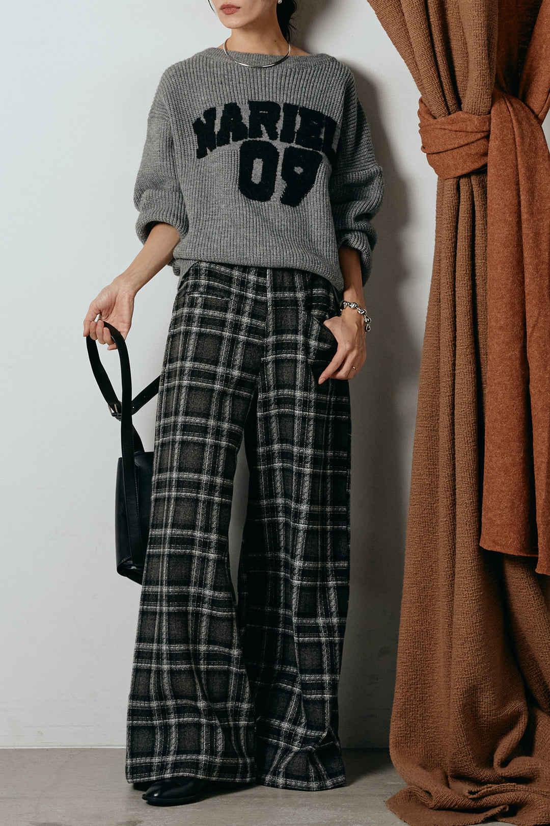 [SET]ロゴジャガードニットトップス+ルーズタータンチェックワイドパンツ(2set)