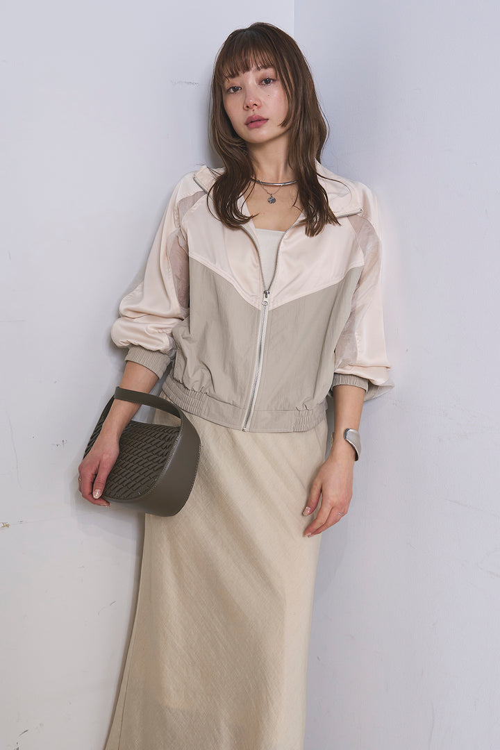 [SET]異素材切替ZIPブルゾン+リネンブレンドロングナロースカート(2set)