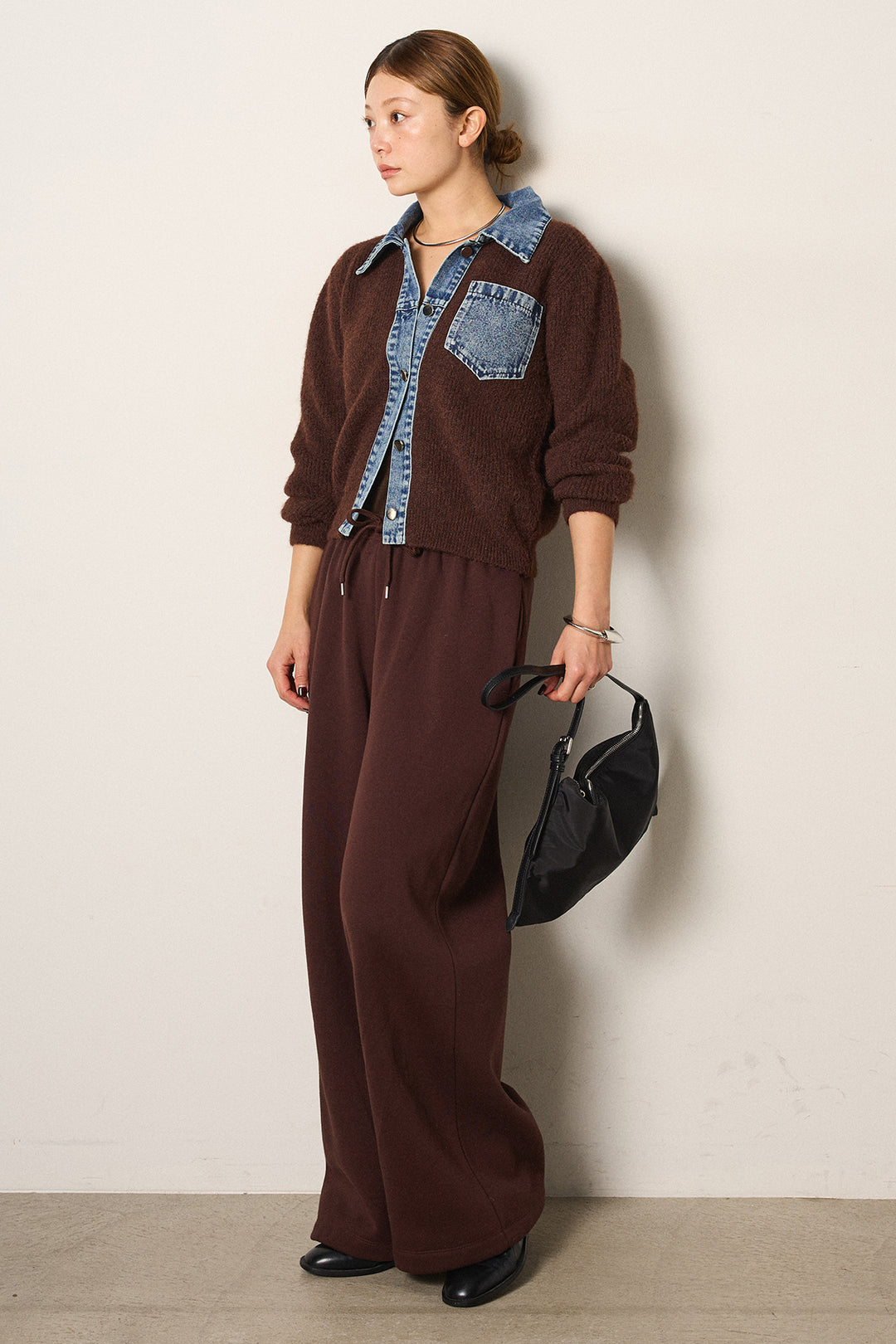 [SET]襟付きデニム切替ニットカーディガン+裏起毛スウェットワイドパンツ(2set)