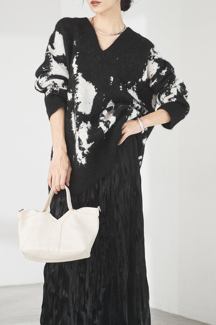 [SET]アブストラクト柄ニットプルオーバー+ベロアロングプリーツスカート(2set)