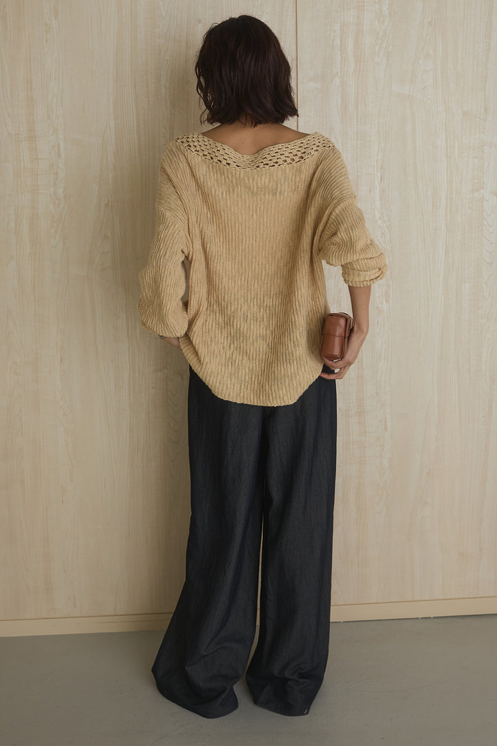 [SET]ネック編みデザインニットトップス+ウエスト折り返しワイドパンツ(2set)