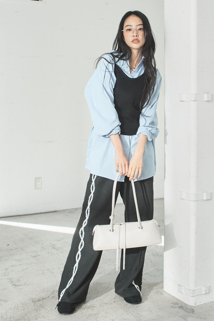 [SET]ニットキャミ付きシャツ+刺繡テープラインパンツ(2set)