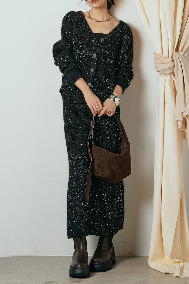 [SET]ミニラメニットカーディガン+ミニラメニットスカート(2set)