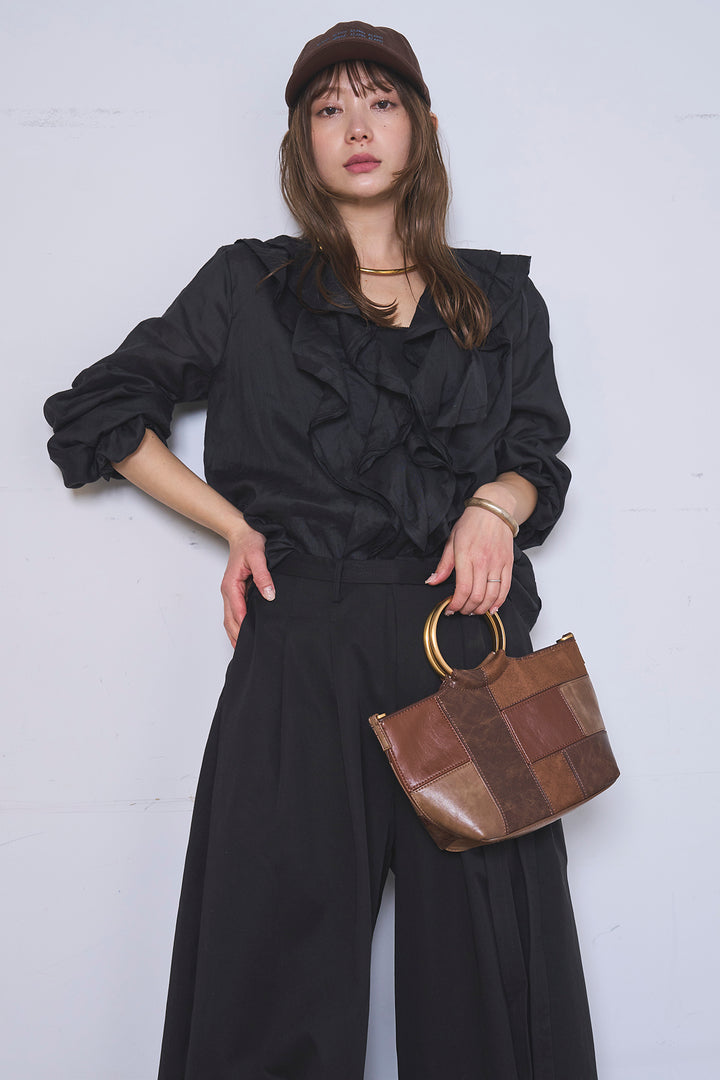 [SET]フリルボタンブラウス+紐ベルト付きカーブワイドパンツ(2set)