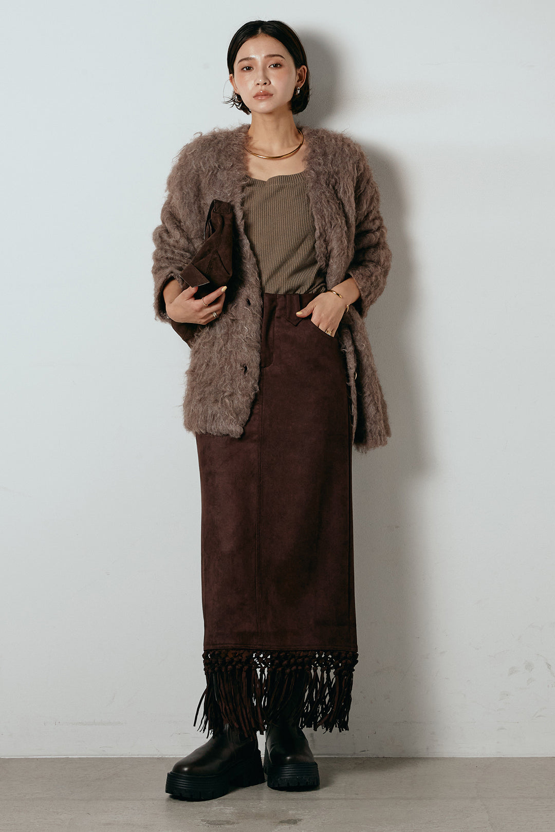 [SET]ウェーブシャギーニットジャケット+スウェードライク裾フリンジスカート(2set)
