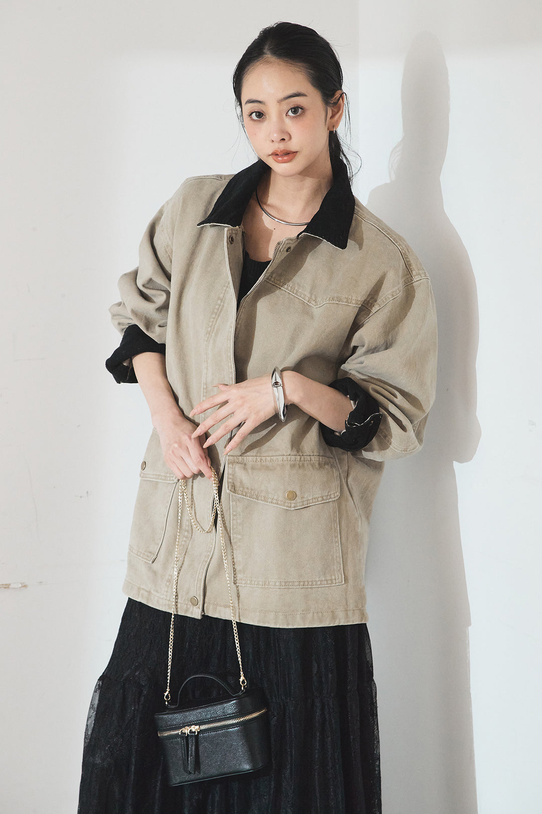 [SET]襟コーデュロイデザインデニム調カバーオール+ひげレース切替ロング丈スカート(2set)