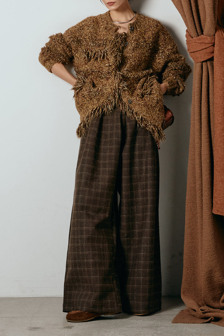 [SET]フリンジニットカーディガン+ウールライクチェックタックパンツ(2set)