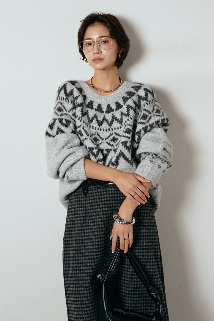 [SET]ノルディック柄Uネックプルオーバー+スエード調ベルト付きチェックナロースカート(2set)