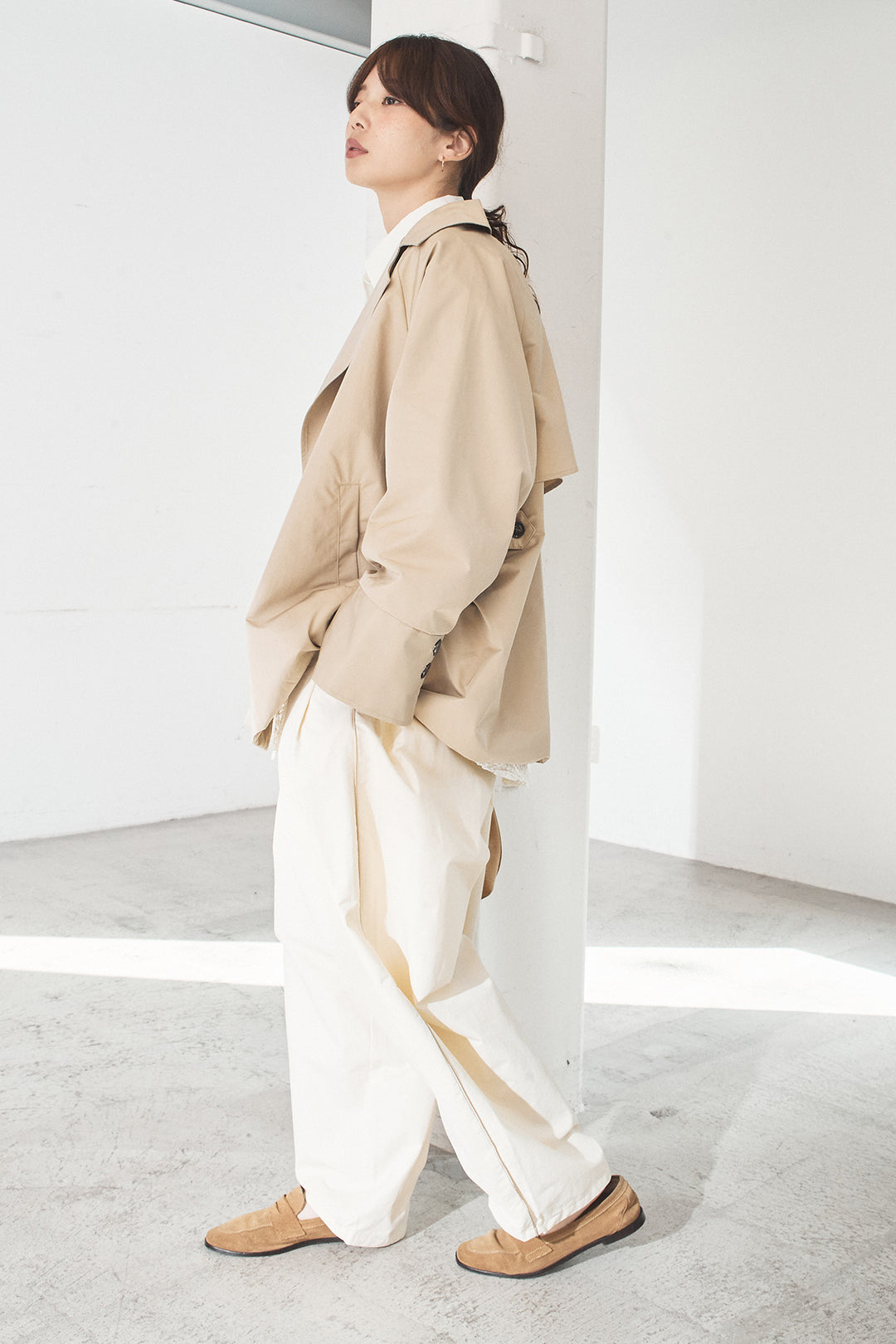 [SET]ナイロントレンチコート+合繊ツイルパイピングタックカーブパンツ(2set)