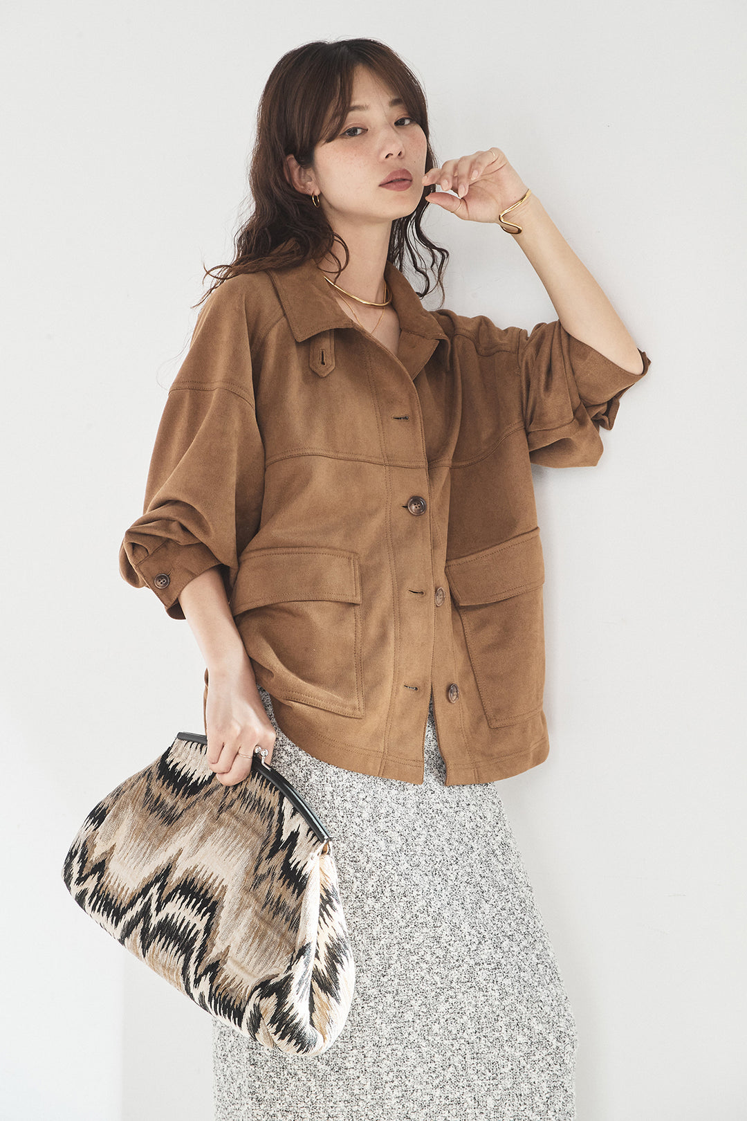 [SET]デカポケスエポンジャケット+ツイード風MIXスラブスカート(2set)