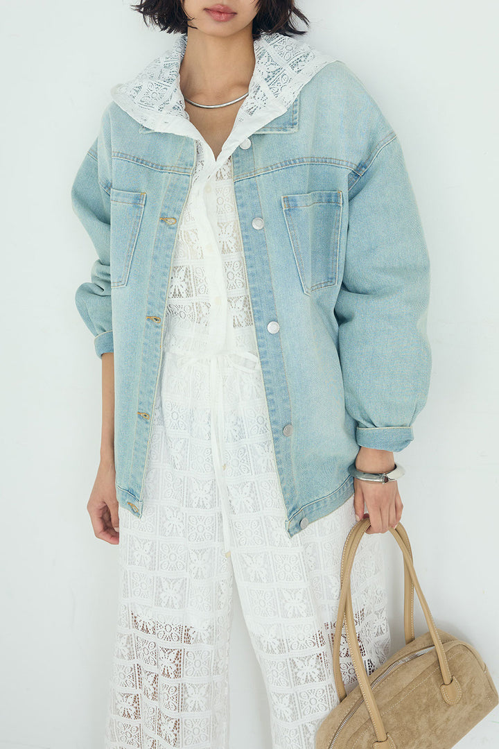 [SET]デニムオーバーサイズジャケット+パッチワークレースイージーパンツ+パッチワークレースショート丈フードシャツ(3set)