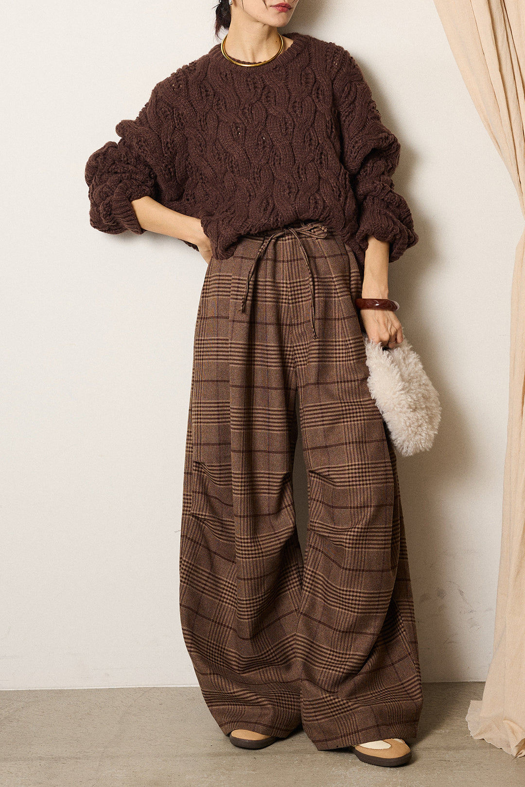 [SET]ケーブルリラックスショートニット+グレンチェックルーズタックパンツ(2set)