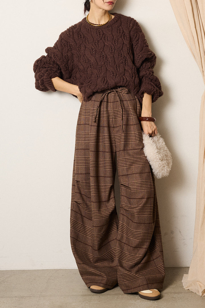 [SET]ケーブルリラックスショートニット+グレンチェックルーズタックパンツ(2set)