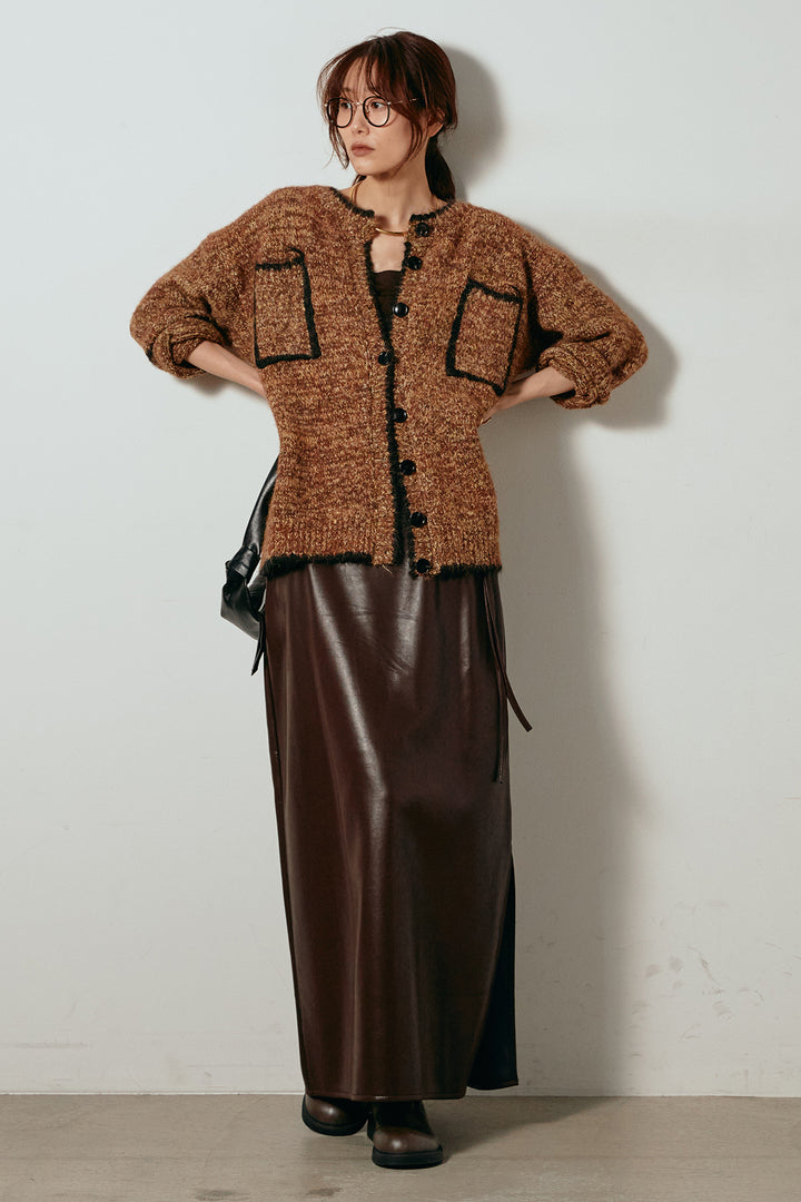 [SET]ミックスニットポケットカーディガン+紐付きフェイクレザーワイドスカート(2set)