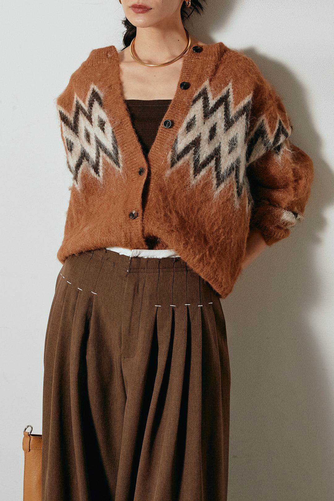[SET]起毛ノルディック柄ニットカーディガン+ウエストステッチデザインワイドスラックス(2set)