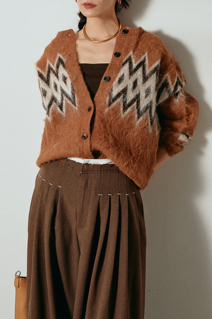 [SET]起毛ノルディック柄ニットカーディガン+ウエストステッチデザインワイドスラックス(2set)