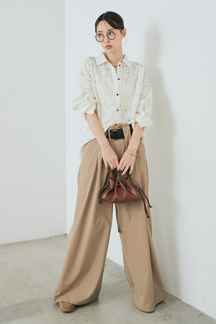 [SET]レース裾スカラップシャツ+ベルトループデザインハイウエストタックパンツ(2set)