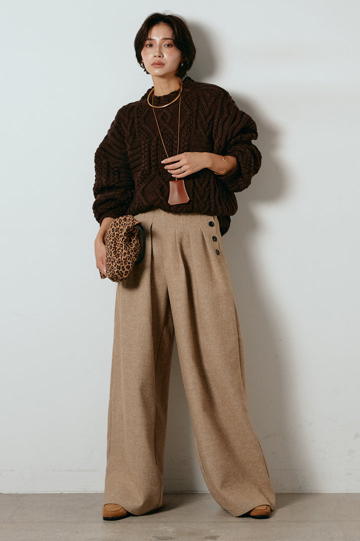 [SET]アラン柄ミックスケーブルニット+サイドボタンツイードタックパンツ(2set)