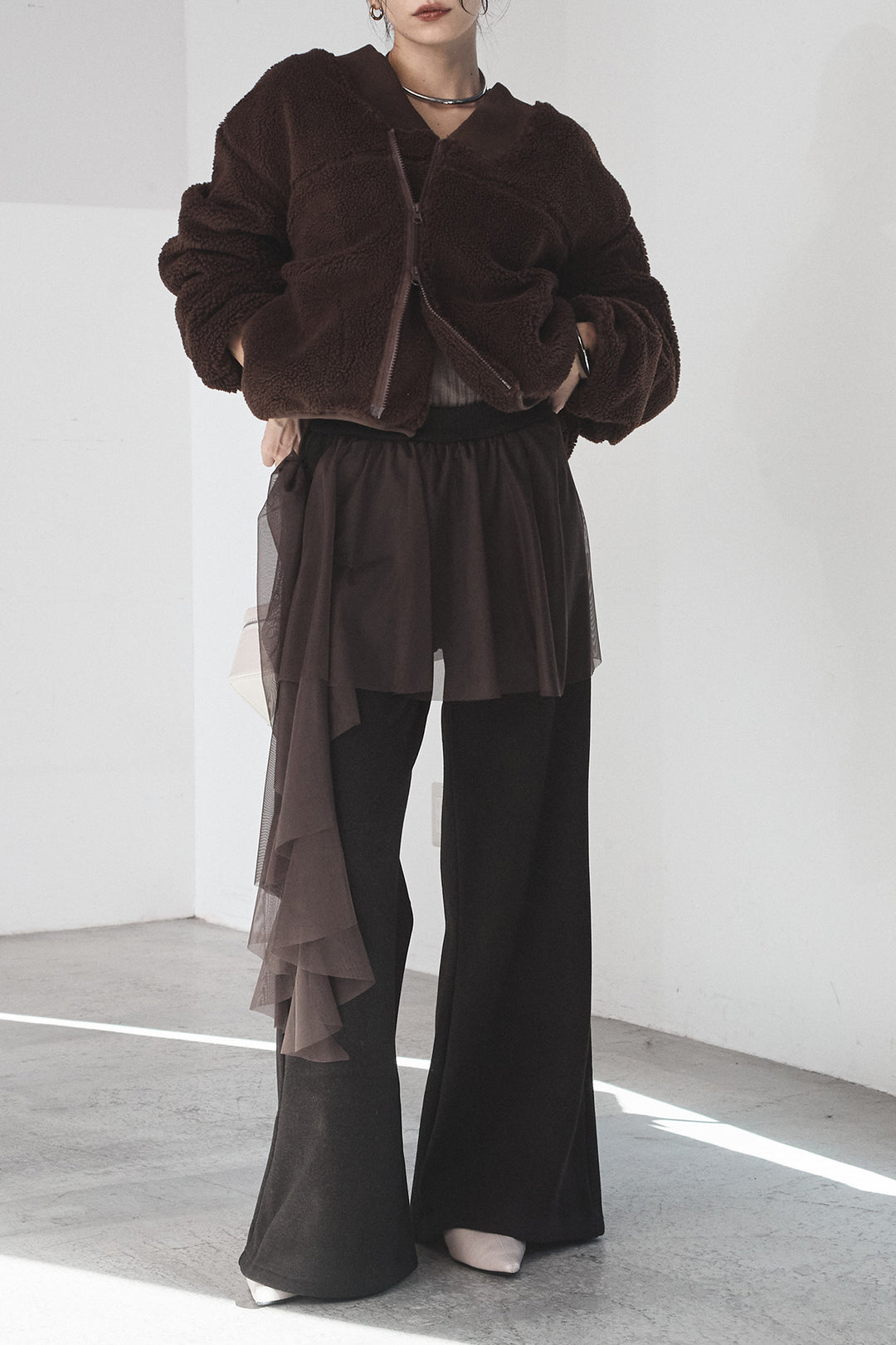 [SET]ノーカラーリブボアアウター+チュールレイヤードニットパンツ(2set)