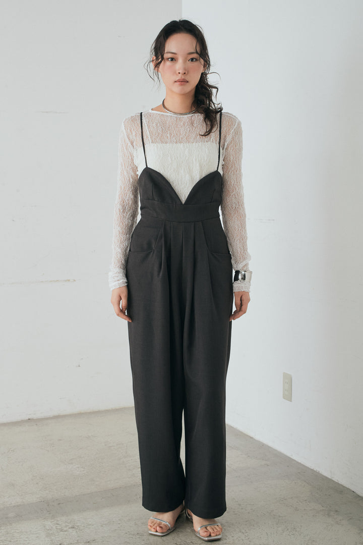 [SET]バックジップデザインショートツイルジャケット+キャミロングオールインワン+ストレッチレースクルーネックインナー(3set)