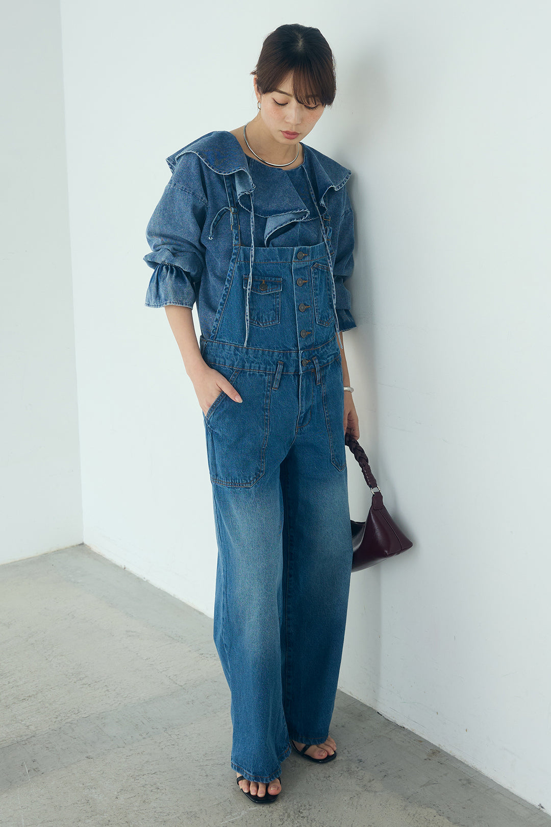 [SET]デニムフリルブラウス+デニムサロペットワイドパンツ(2set)