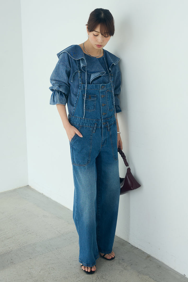 [SET]デニムフリルブラウス+デニムサロペットワイドパンツ(2set)