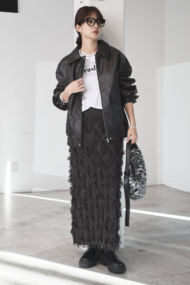 [SET]レザーライクオーバーサイズブルゾン+カットフリンジニットタイトスカート(2set)