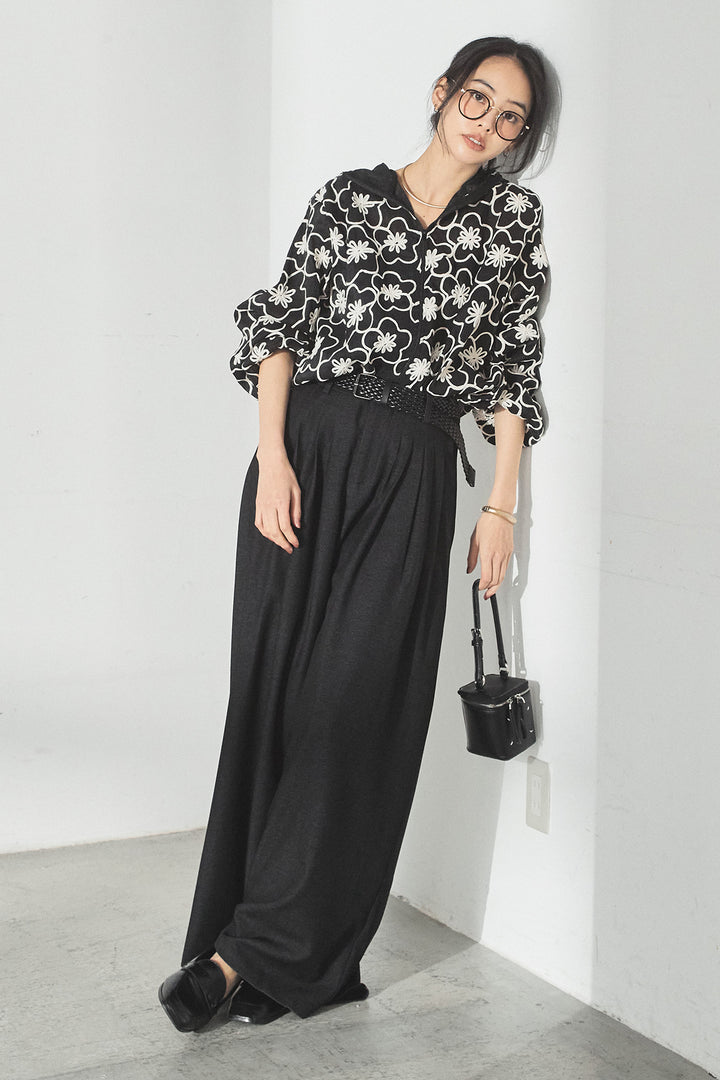 [SET]シアーフラワーフードブルゾン+編みベルト付きウエストタックワイドパンツ(2set)