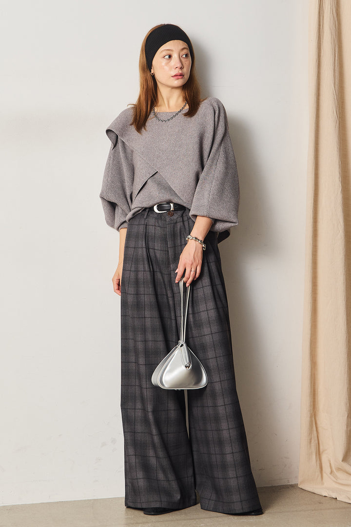 [SET]タンク付きクロスデザインニットプルオーバー+タック入りタータンチェックワイドパンツ(2set)