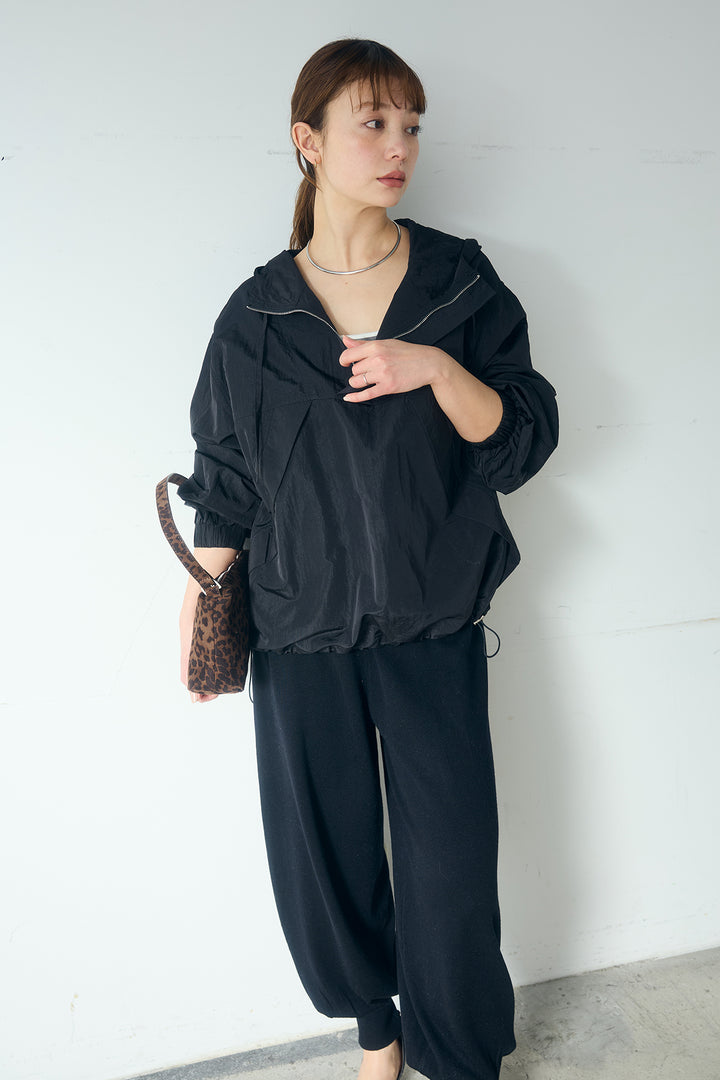 [SET]ナイロンフーディーブルゾンアウター+裾絞りリブニットパンツ(2set)