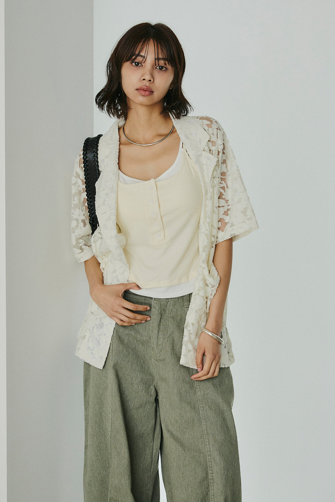 [SET]シアージャガードハーフスリーブテーラードジャケット+サイドベルトカーブワイドパンツ(2set)