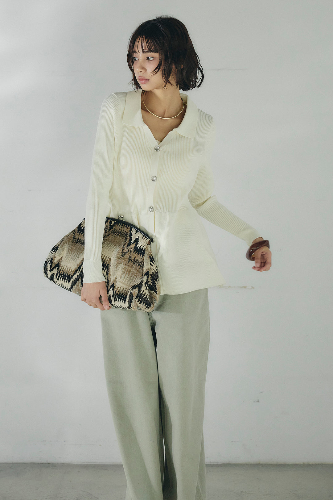 [SET]スキッパーペプラムニット+ウエスト裁ち切りデニムワイドパンツ(2set)