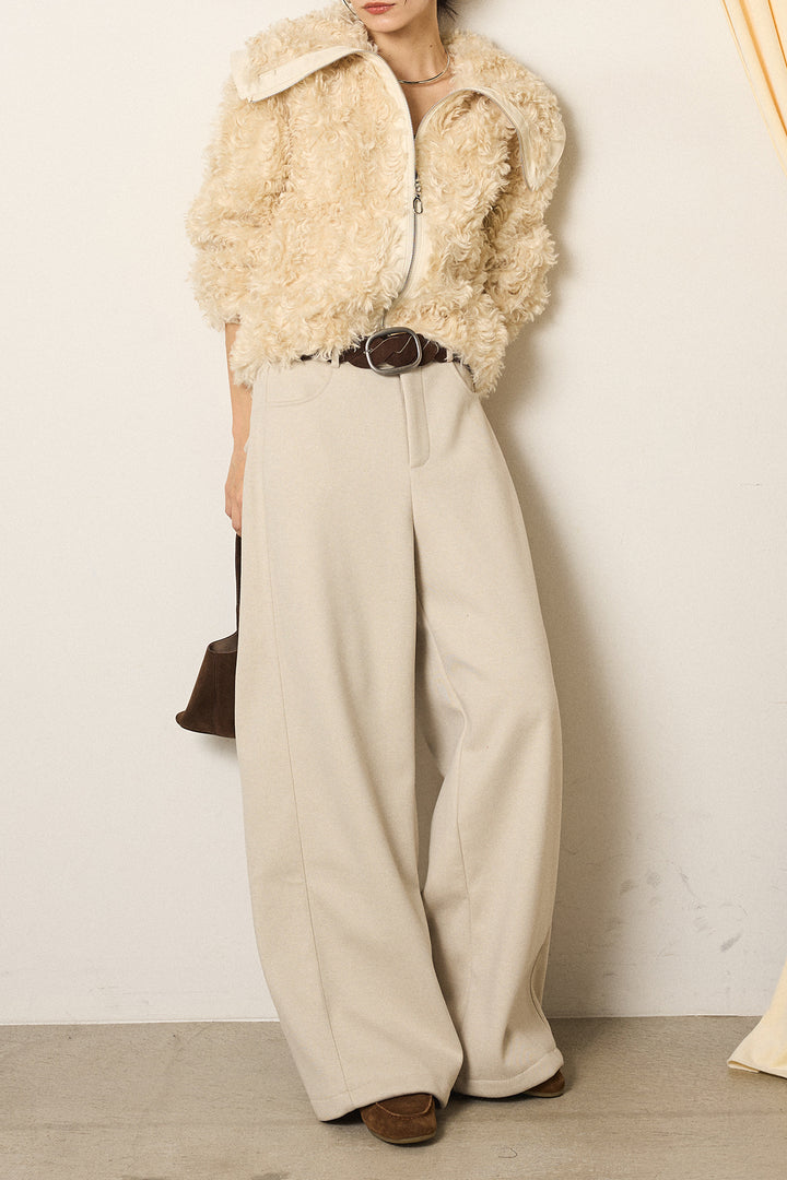 [SET]ビッグカラープードルボアアウター+編みベルト付きワイドパンツ(2set)