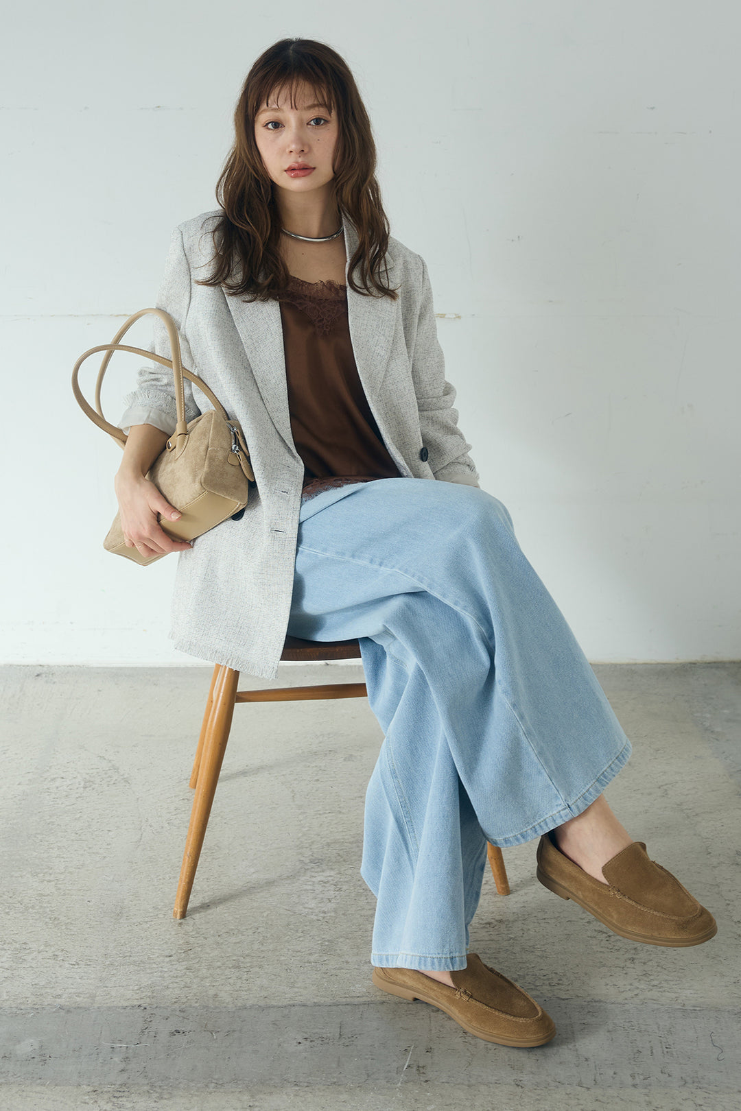 [SET]スラブネップツイードフリンジテーラードジャケット+ウエスト裁ち切りデニムワイドパンツ(2set)