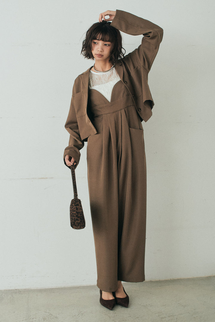 [SET]バックジップデザインショートツイルジャケット+キャミロングオールインワン+ストレッチレースクルーネックインナー(3set)