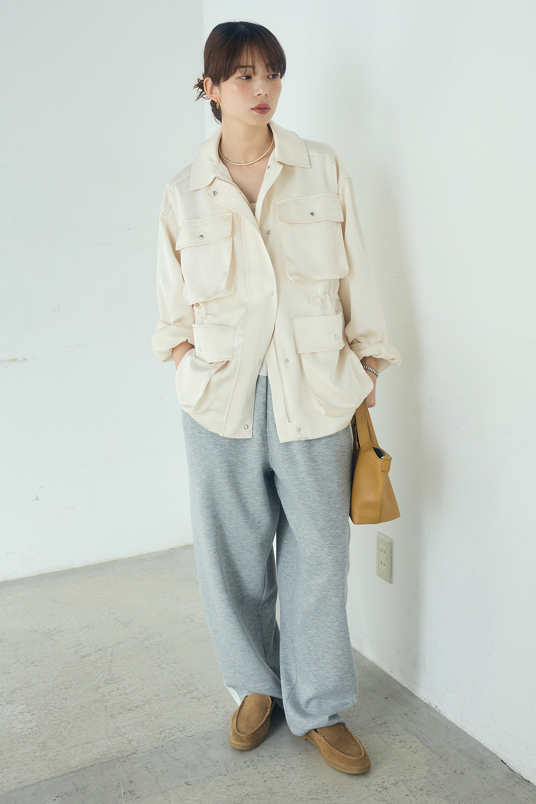 [SET]サテンライトブルゾン+異素材切り替えスウェットパンツ(2set)