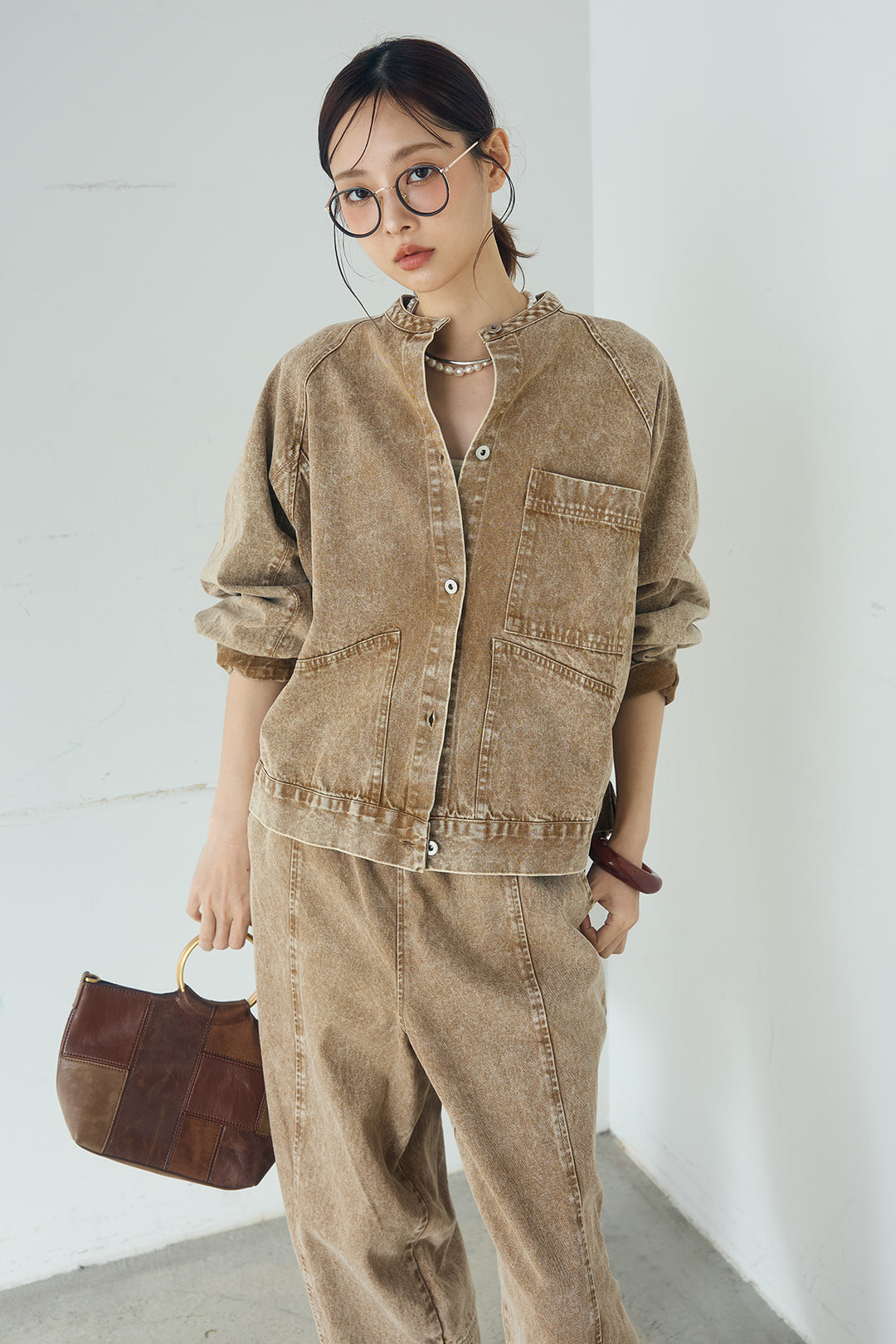 [SET]カラーデニムケミカル加工ノーカラーブルゾン+カラーデニムケミカル加工コクーンパンツ(2set)