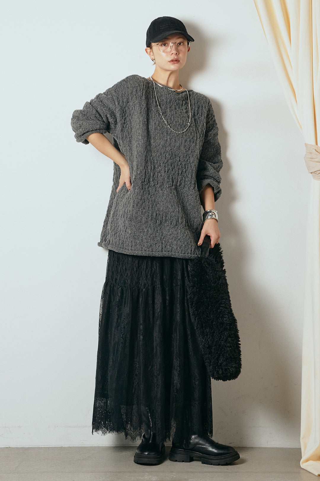 [SET]ボリューム編みニットプルオーバー+ひげレース切替ロング丈スカート(2set)