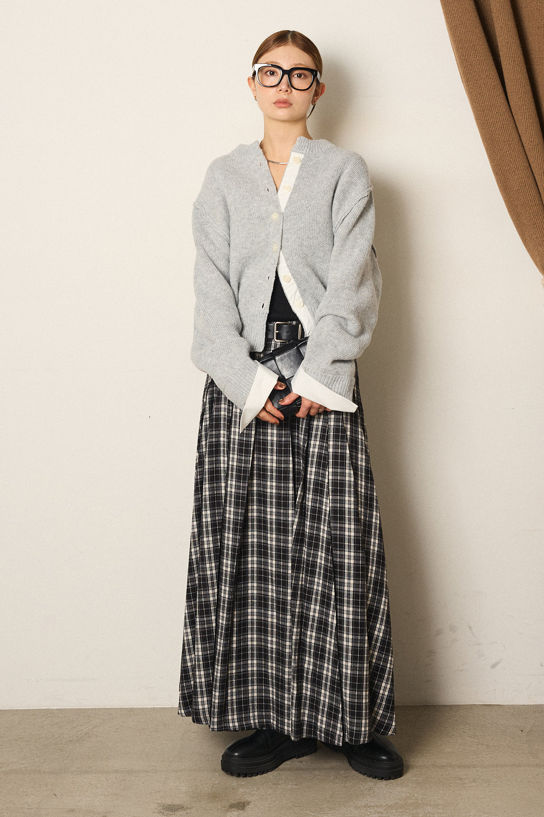 [SET]シャツドッキングニットカーディガン+ベルト付きタータンチェックプリーツスカート(2set)